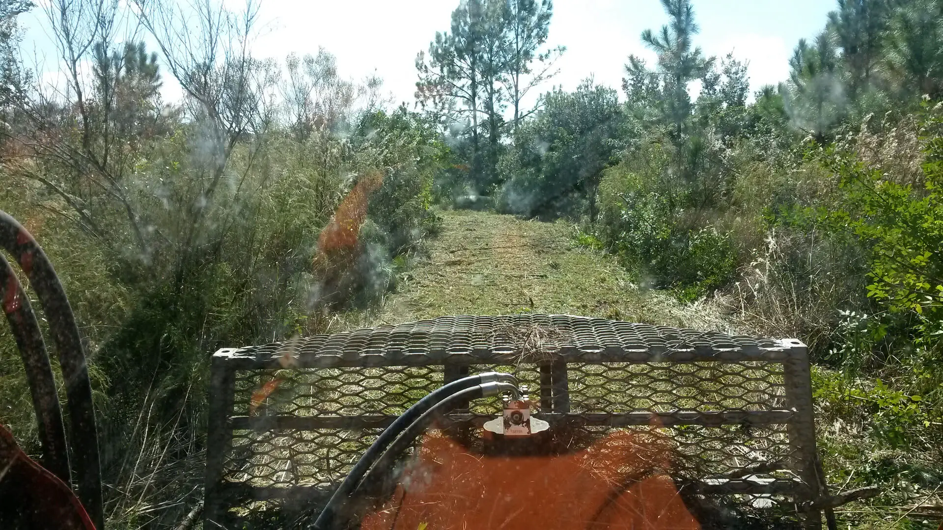 a view from the front of a tractor on a dirt path through trees